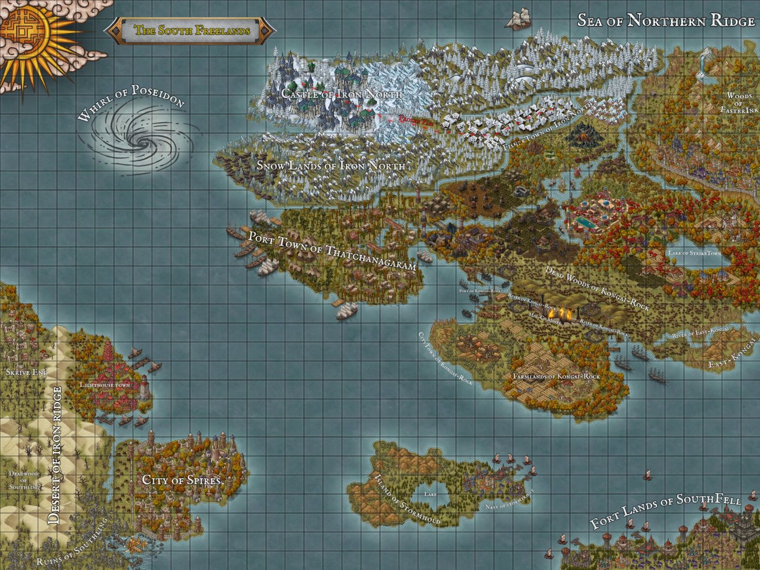Illustrated fantasy map of The Southern Freelands, showing the Castle of Iron North, the Snow Lands of Iron North, the Port Town of Thatchanagaram, the Dead Woods and Farmlands of Kongai-Rock, the Island of Stormhold, the City of Spires, the Desert of Iron Ridge, the Fort Lands of Southfell and the Whirl of Poseidon.